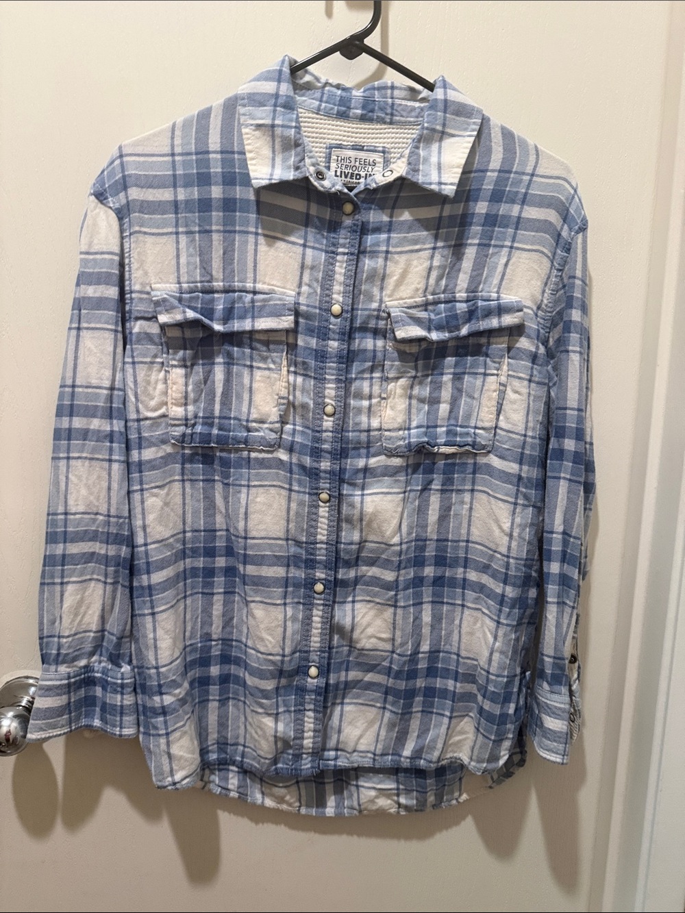 American Eagle Outfitters Light Blue and White Plaid Button-Down Shirt